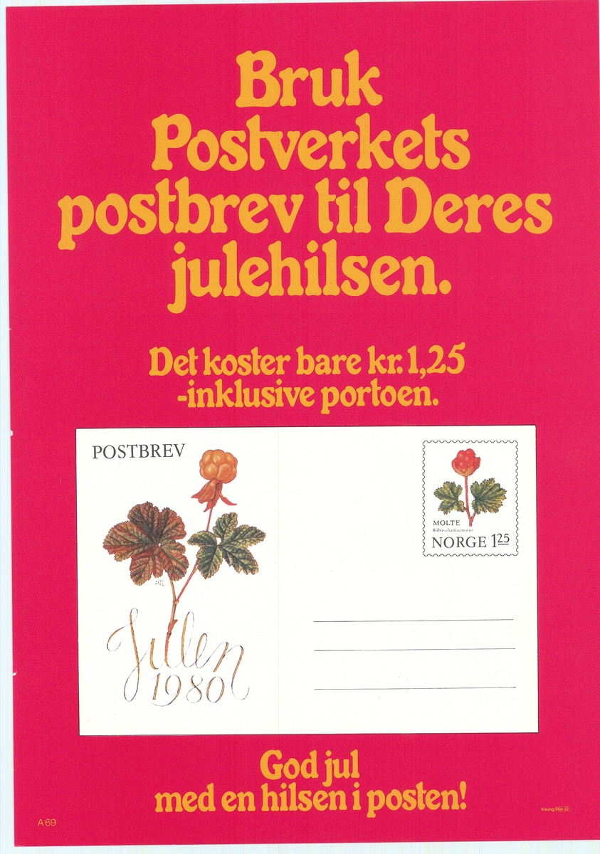 Tosidig reklameplakat med tekst på nynorsk og bokmål. Motiv av postbrev.