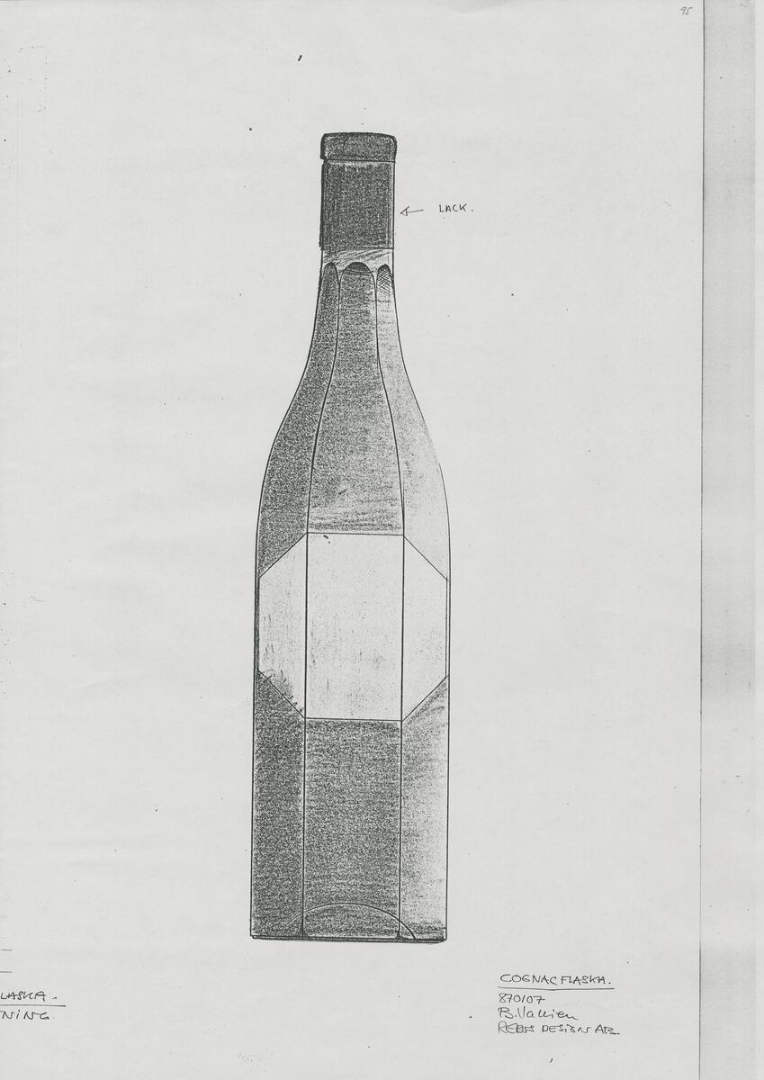 Skisser till ett antal höga cognacsflaskor i olika utföranden, de flesta är sexkantiga med åttakantiga etiketter. Noteringar. Även brevväxling (fyra dokument) mellan Bertil Vallien och Trotte Tillman på AB Vin & Spritcentralen.
