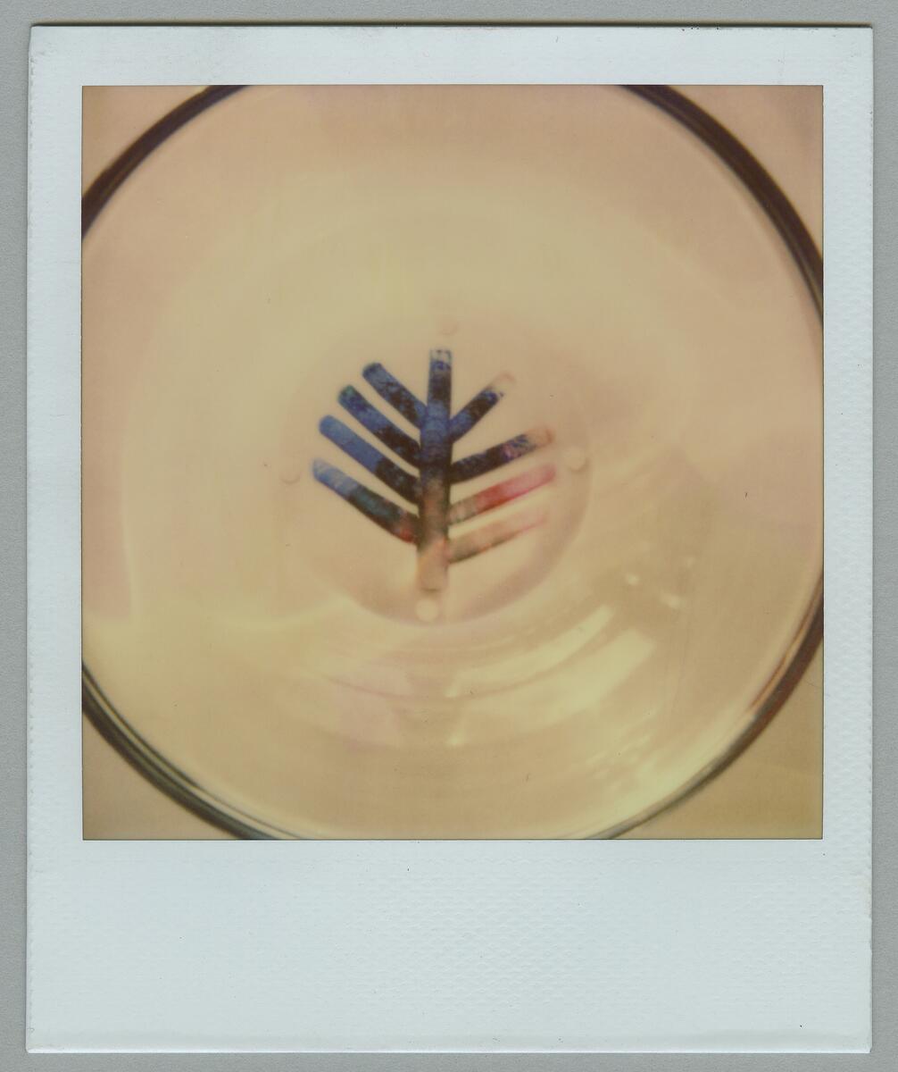 Skisser till olika typer av motiv som skall användas i botten av glasföremål med anvisningar om färger m m, samt referensmaterial innehållande mötesprotokoll och ett polaroidfotografi på ett fat med ett stiliserat träd i botten. Noteringar.