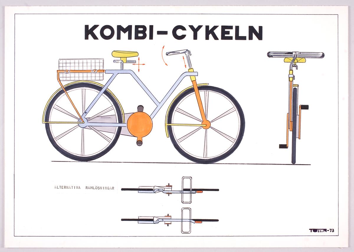Presentationsmaterial om "Kombi-cykeln" med skisser på olika varianter av cykeln och tillhörande kärror, förklarande texter samt en förteckning över varje cykeldel och vilket material den skall tillverkas i.  