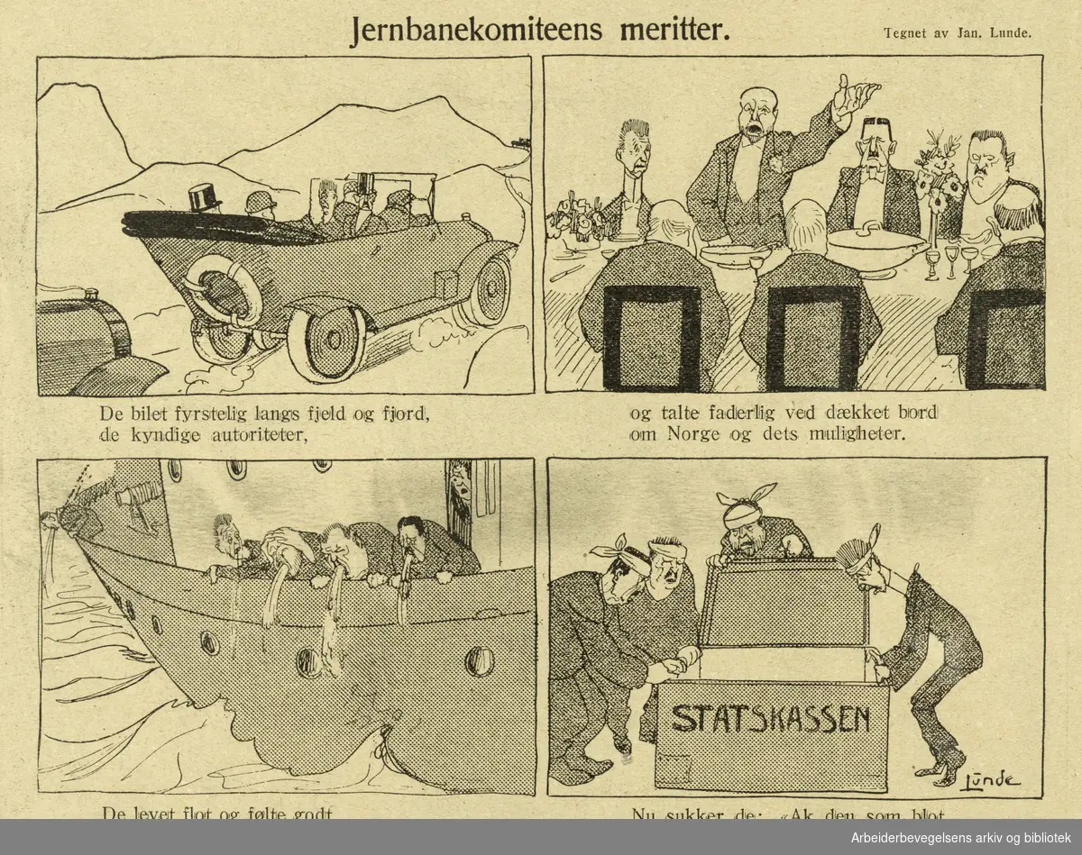 "Jernbanekomiteens meritter". Tegning av Jan Lunde for vittighetsbladet Hvepsen 1920.