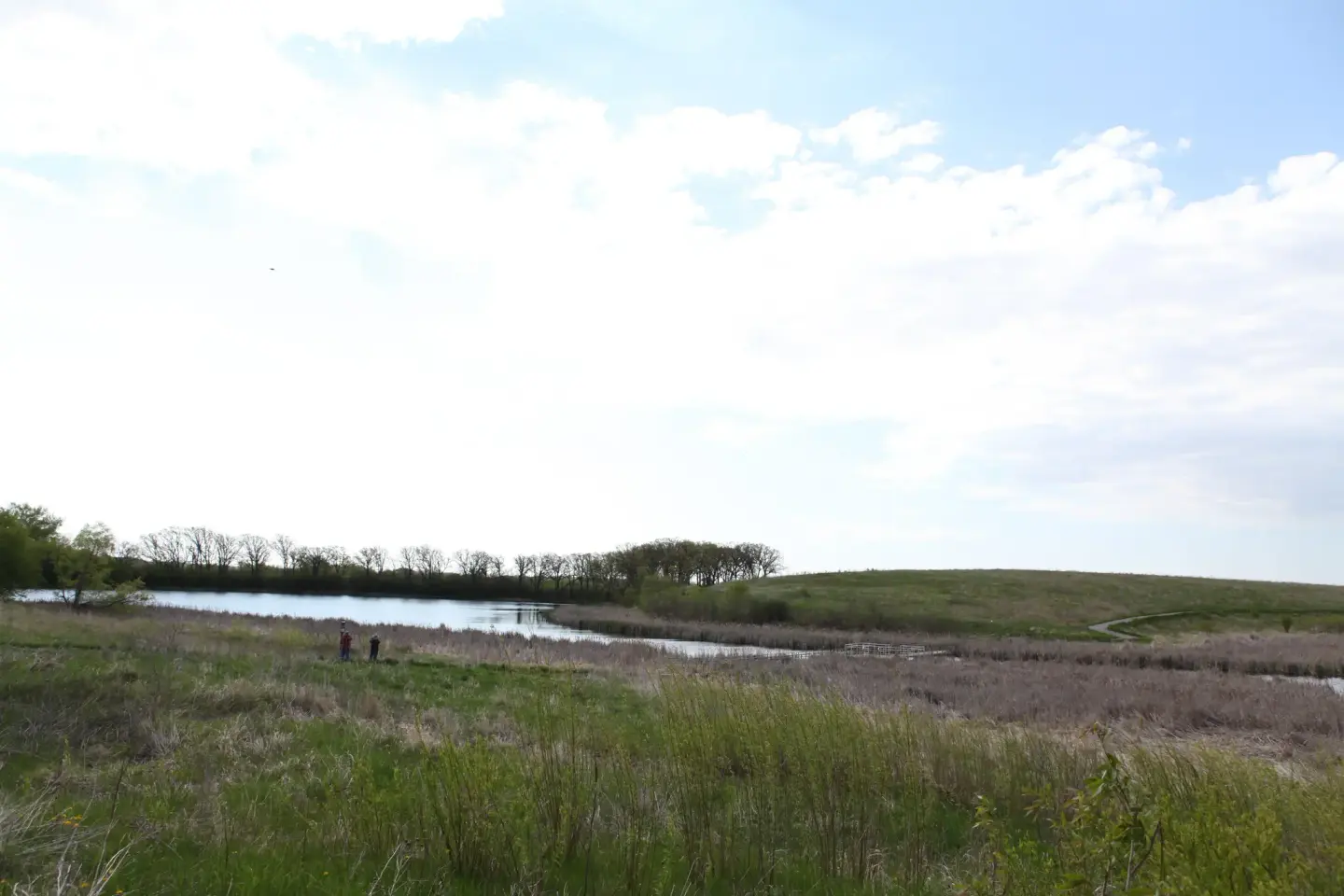 Liten innsjø og præriegress under høy himmel i Minnesota