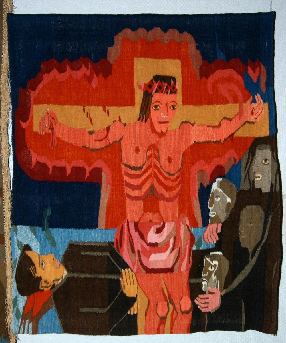 Den korsfestede Kristus dominerer motivet og den vevde flaten i oransje og røde toner, som på et glødende kors mot mørk blå bakgrunn. I nedre del til venstre sees en mann liggende med blod fra hodet, og i nedre høyre del er fire grå figurer avbildet i profil, som om de ser mot den døde. Motivet er en kombinasjon av en bibelfortelling og en hendelse i kunstnerens samtid; den myrdede Kaj Munk (som tittelen viser til) vises som en martyr, skutt av nazistene i 1944 etter å ha blitt bortført av en SS-terrorpatrulje.