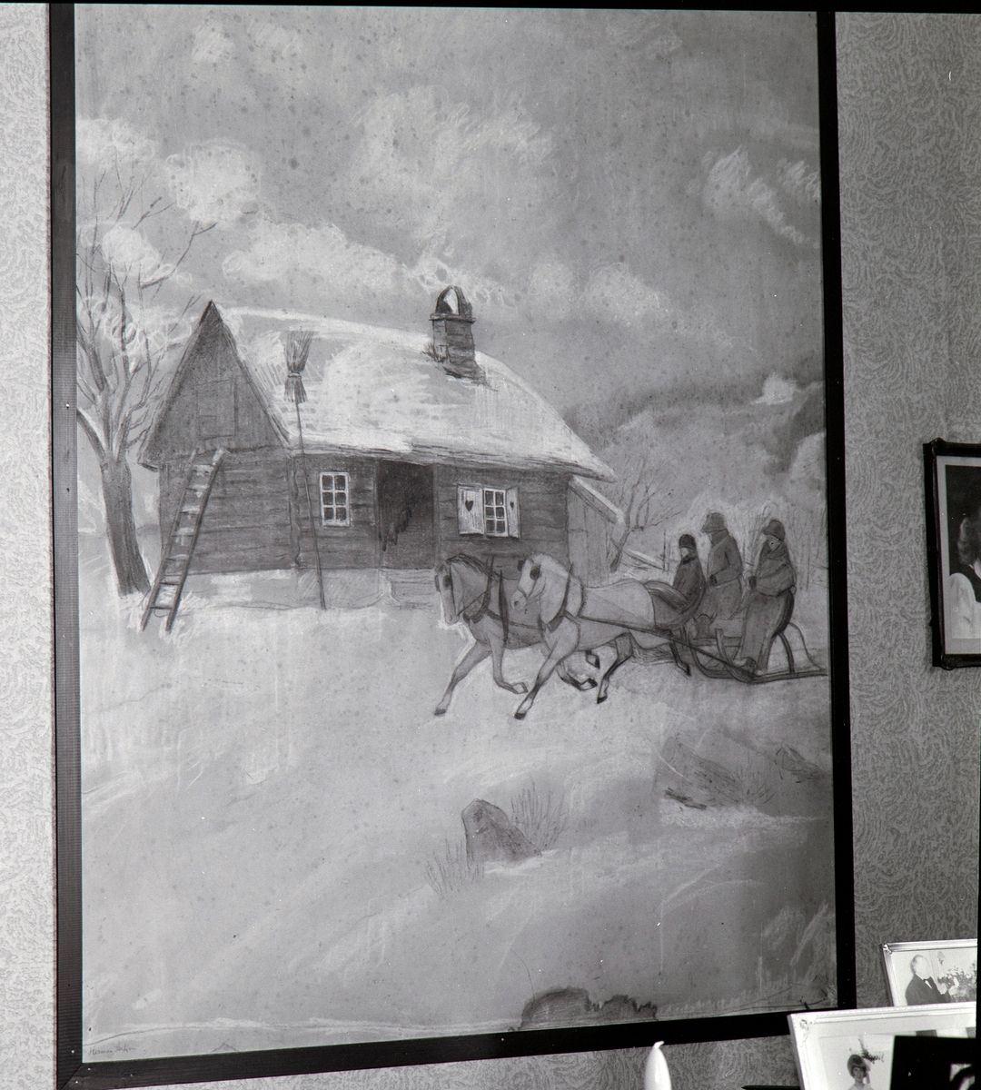 Hamar, Sagatun Folkehøgskole, interiiør, maleri, vintermotiv, hest, slede, malt av Herman Anker,