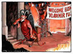 Satiretegning av Morten Mørland, gicléettrykk i opplag på 10. Djevelen venter på Putin i Helvete.