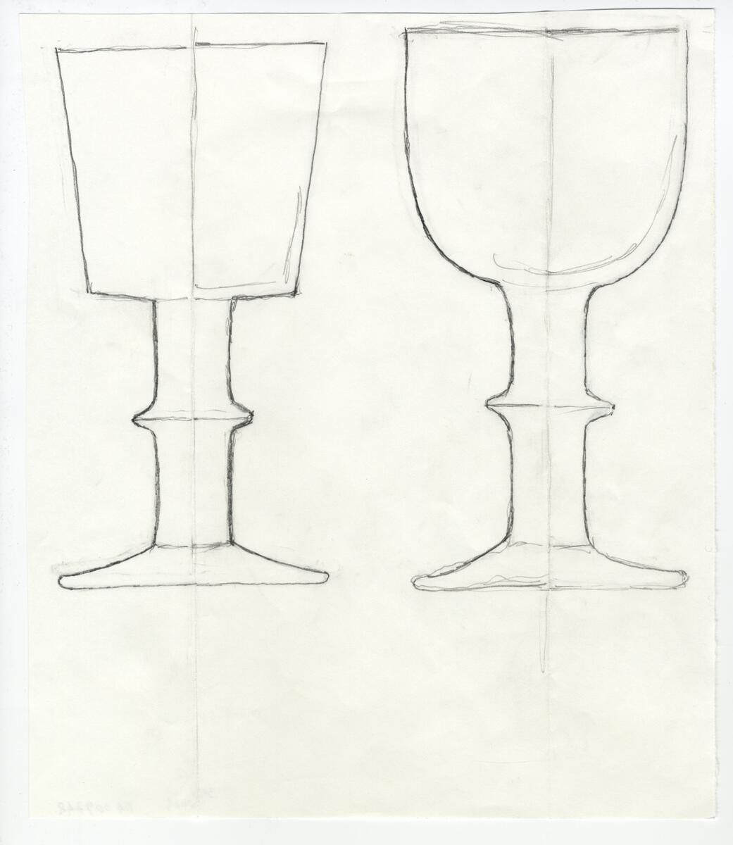 Skiss till två modeller på dricksglas: snapsglas, ölglas och vinglas.
