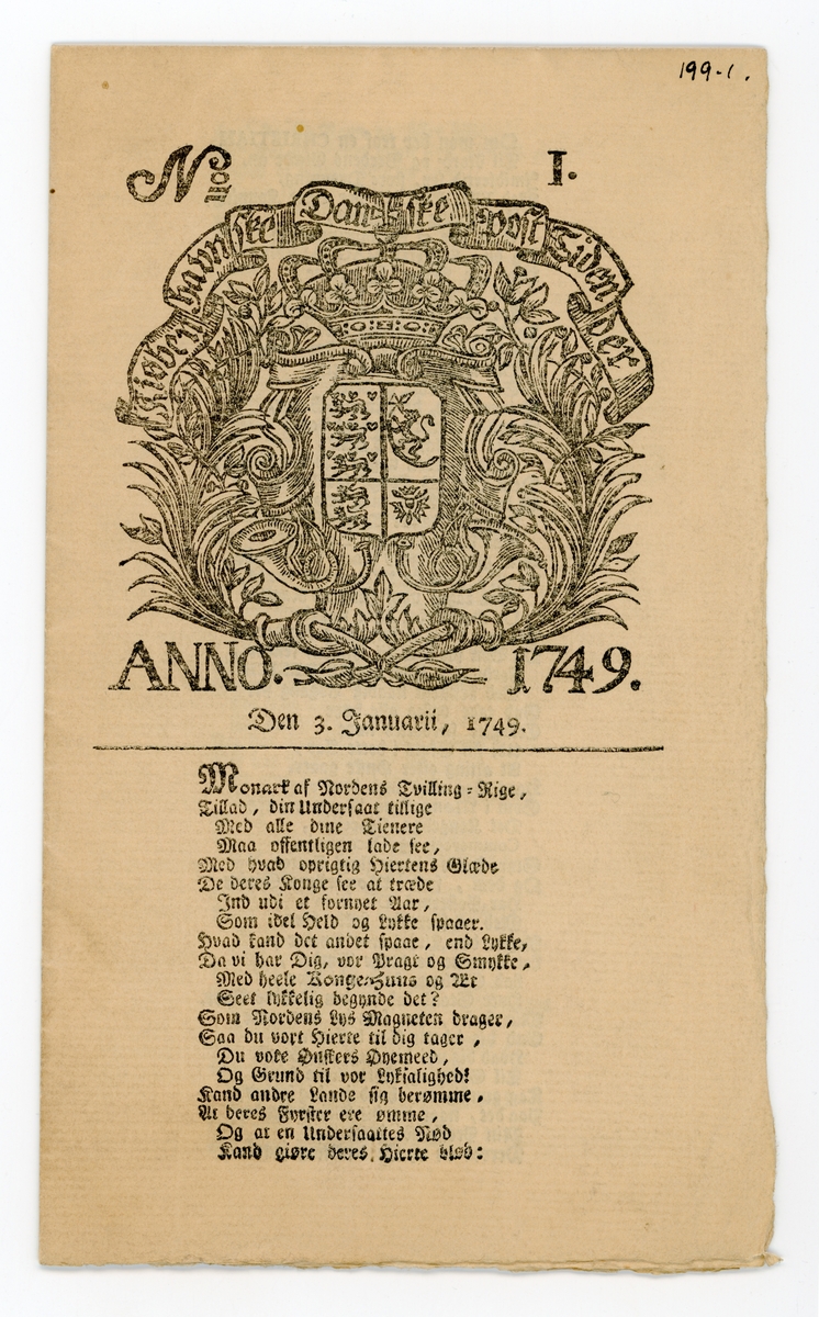 Eksemplar av avisen Kiøbenhavnske Danske Post Tidender for 3. januar 1749. Består av 1 dobbeltfalset ark (8 sider) trykt i fraktur.