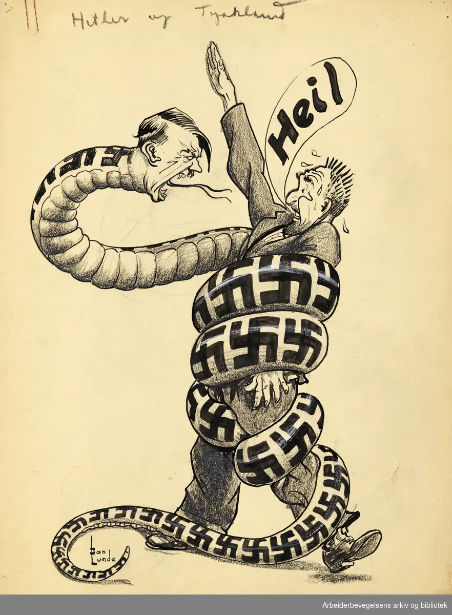 Tegning av Jan Lunde. Hitler som slange, kveiler seg rundt en mann. Tekst: Heil. Hitler og Tyskland. Udatert.