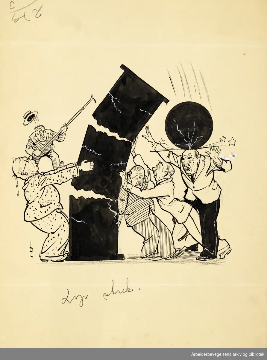 Tegning av Jan Lunde. 5 menn prøver å komme en "i" som faller over ende. Udatert.