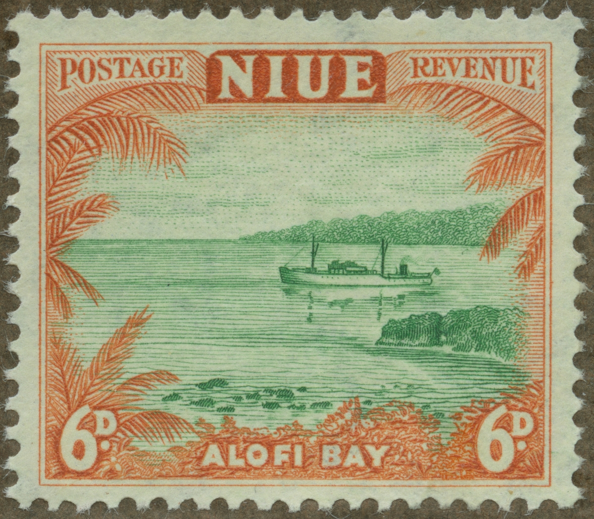 Frimärke ur Gösta Bodmans filatelistiska motivsamling, påbörjad 1950.
Frimärke från Niue, 1950. Motiv av Alofi - Bukten