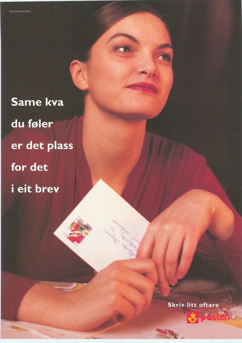 Tosidig reklameplakat med tekst på bokmål og nynorsk. Bildemotiv og Postens logomerke.