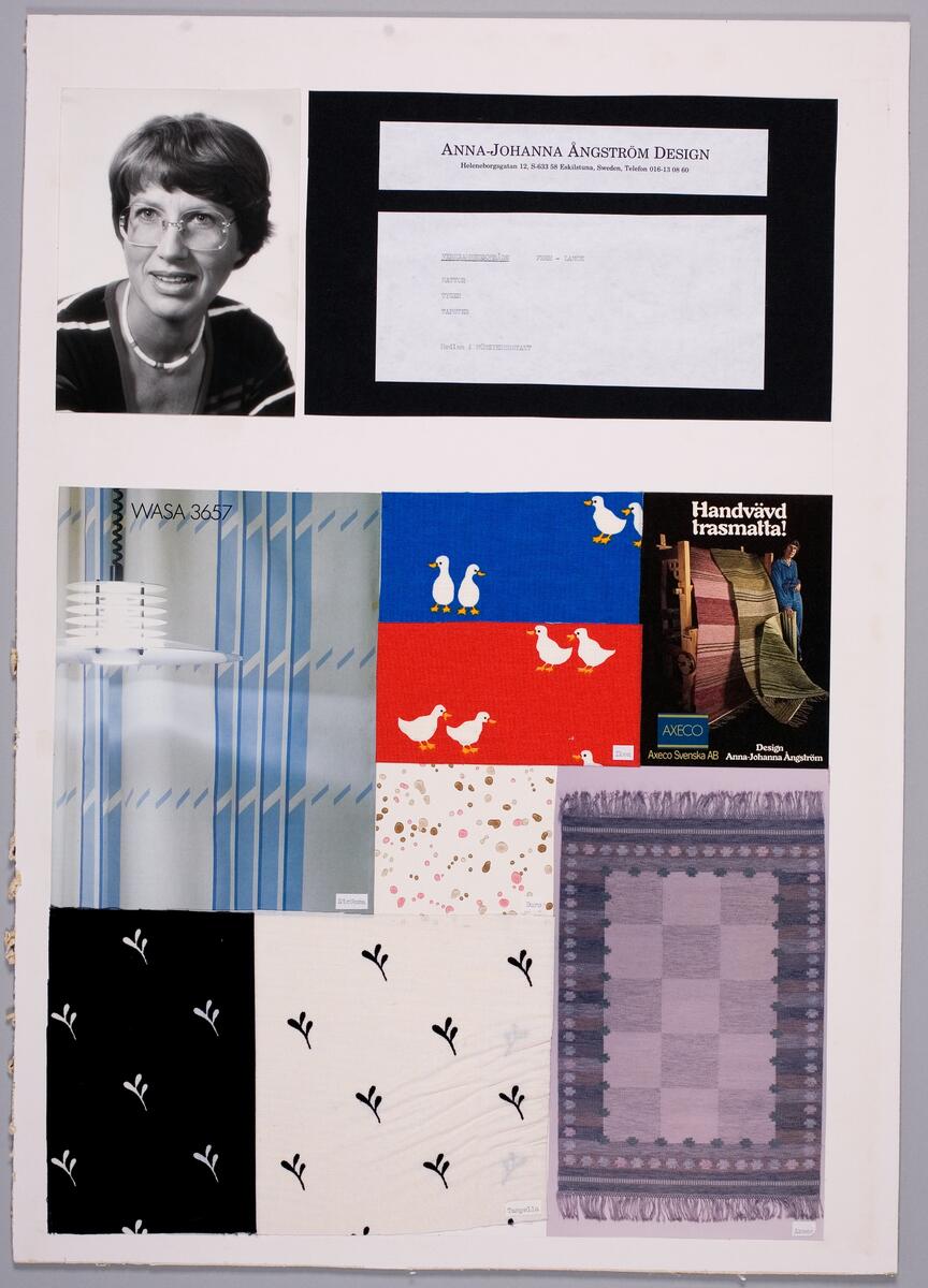 Collage med presentation av konstnären och hennes produktion. Foto, tygprover, tapetprov och bilder. Designar mattor, tyger och tapeter.