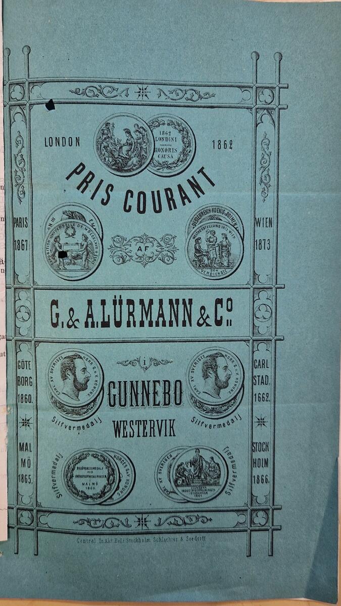 Priskurant för G & A. Lürmann & Co. Nio sidor. "Central Tr. Akt. Bo. Li, Stockholm, Schlachter & seedorff". På baksidan skrivet med bläck: Herr P E Jacobsson, Skönviks Ångsåg, Sundsvall.
