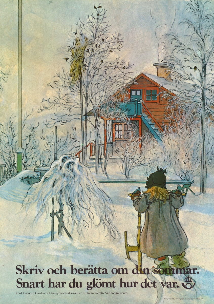 Kopia av akvarell "Gården och bygghuset" tagen ur Carl Larssons samling "Ett hem". Flicka kan ses åka en spark i ett vinterlandskap. Postsymbol.