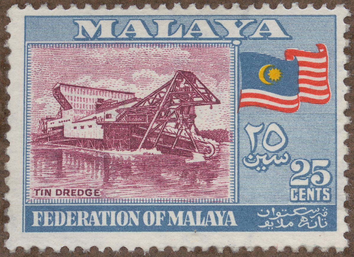 Frimärke ur Gösta Bodmans filatelistiska motivsamling, påbörjad 1950.
Frimärke från Malaya, 1957. Motiv av mudderverksanläggning vid Tenndriften i Malaya