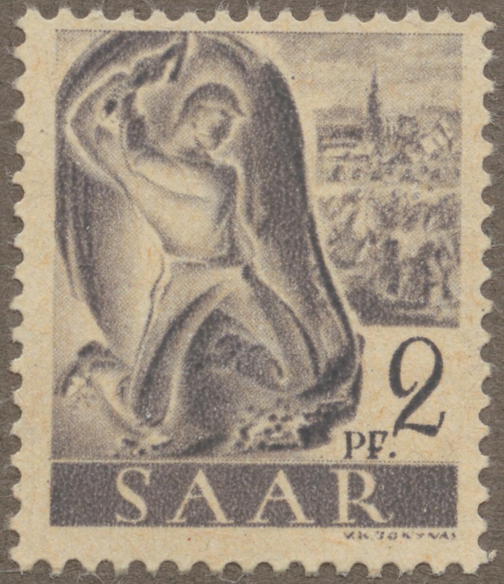 Frimärke ur Gösta Bodmans filatelistiska motivsamling, påbörjad 1950.
Frimärke från Saar, 1947. Motiv av Kolgruvearbetare i Saar.