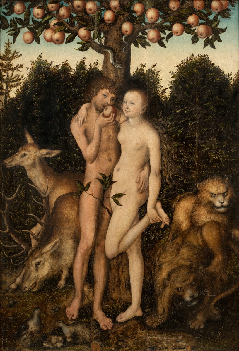 Det ursprungliga människoparet får sällskap av paret rådjur, paret lejon och paret rapphöns. Adam biter i äpplet, förförd av den smickrande Eva som håller sitt vänstra upphöjda ben med handen. Motivet är också känt i konsthistorien som syndafallet.