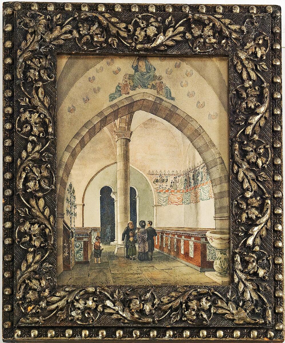 Akvarell som föreställer Stenkumla kyrkas interiör. Målad av Johan Kahl 1883. Signerad "Kahl".

I bred försilvrad ram med kraftig ornamentik. Dagermått 29x21 cm. Ramens storlek 42x34,5 cm.