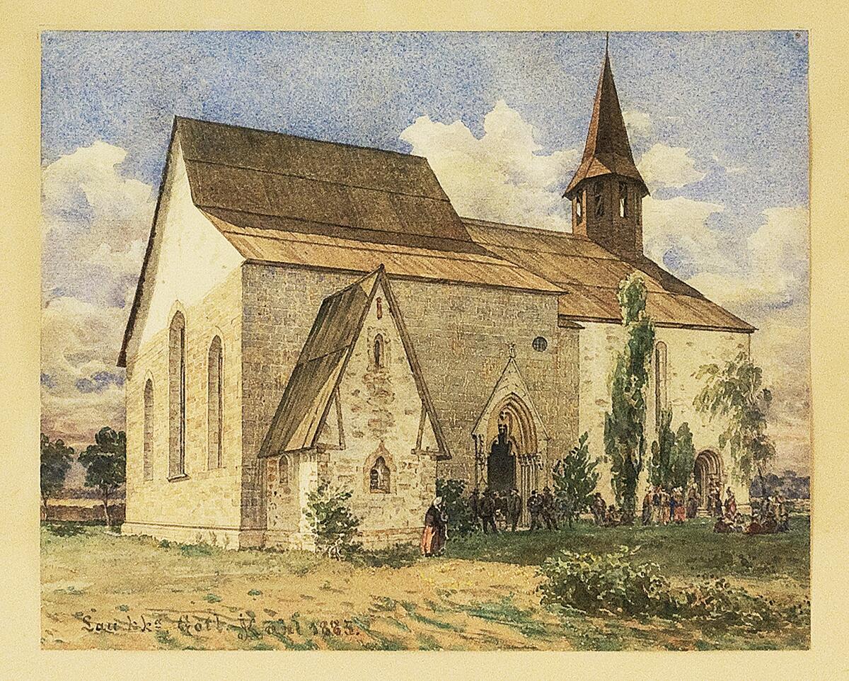Akvarell som föreställer Lau kyrka. Målad av Johan Kahl 1885.

Monterad på vitt papper i svart ram med guldlist.

Höjd 49, bredd 54. Dagermått: 25x30 cm.
