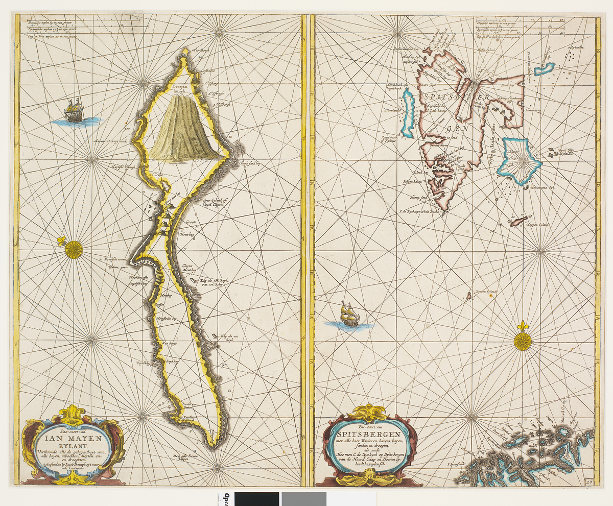 To kart på ett blad sammensatt av to ark. Venstre side viser Jan Mayenog høyre side viser Spitsbergen. Baksiden er blank.