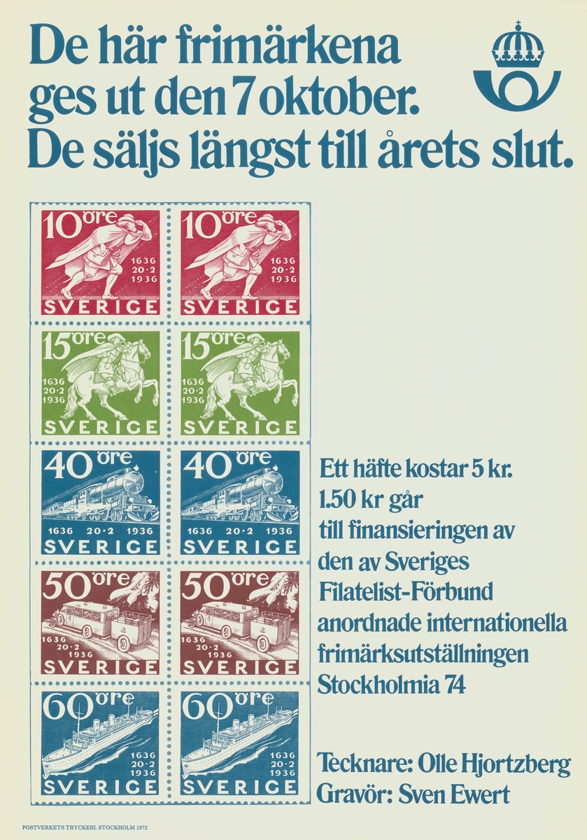 Affisch med text och bild ark med frimärken. Motiv på frimärken är olika sät för postutdelning exempelvis diligenstrafik. Stockholmia 74.