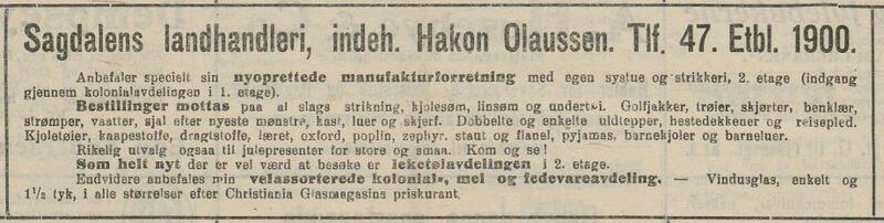 Reklame for Sagdalen Landhandleri etter at butikken hadde utvidet med egen systue. I avisen Romerike den 18.12.1924. Nasjonalbiblioteket.