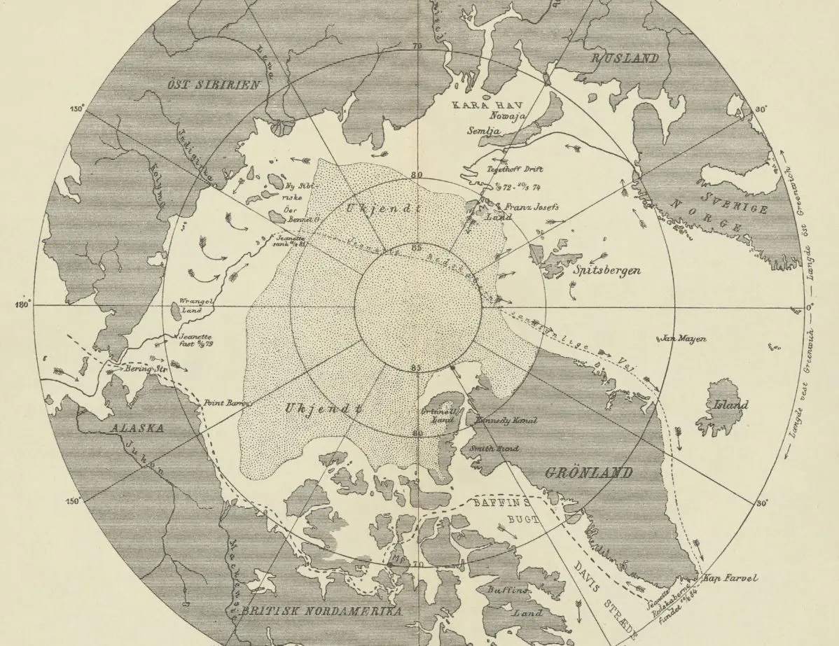 Kartet viser Amundsens planlagte rute gjennom Nordvestpassasjen. Kilde: Det Norske geografiske selskabs aarbog. 1900/1901 Vol. 12