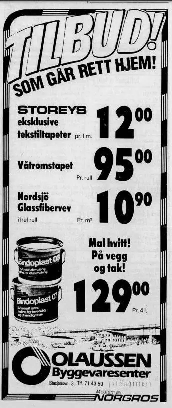 Annonse for Olaussen Byggevaresenter fra 1986. Romerikes Blad, 13.11.1986. Nasjonalbiblioteket.