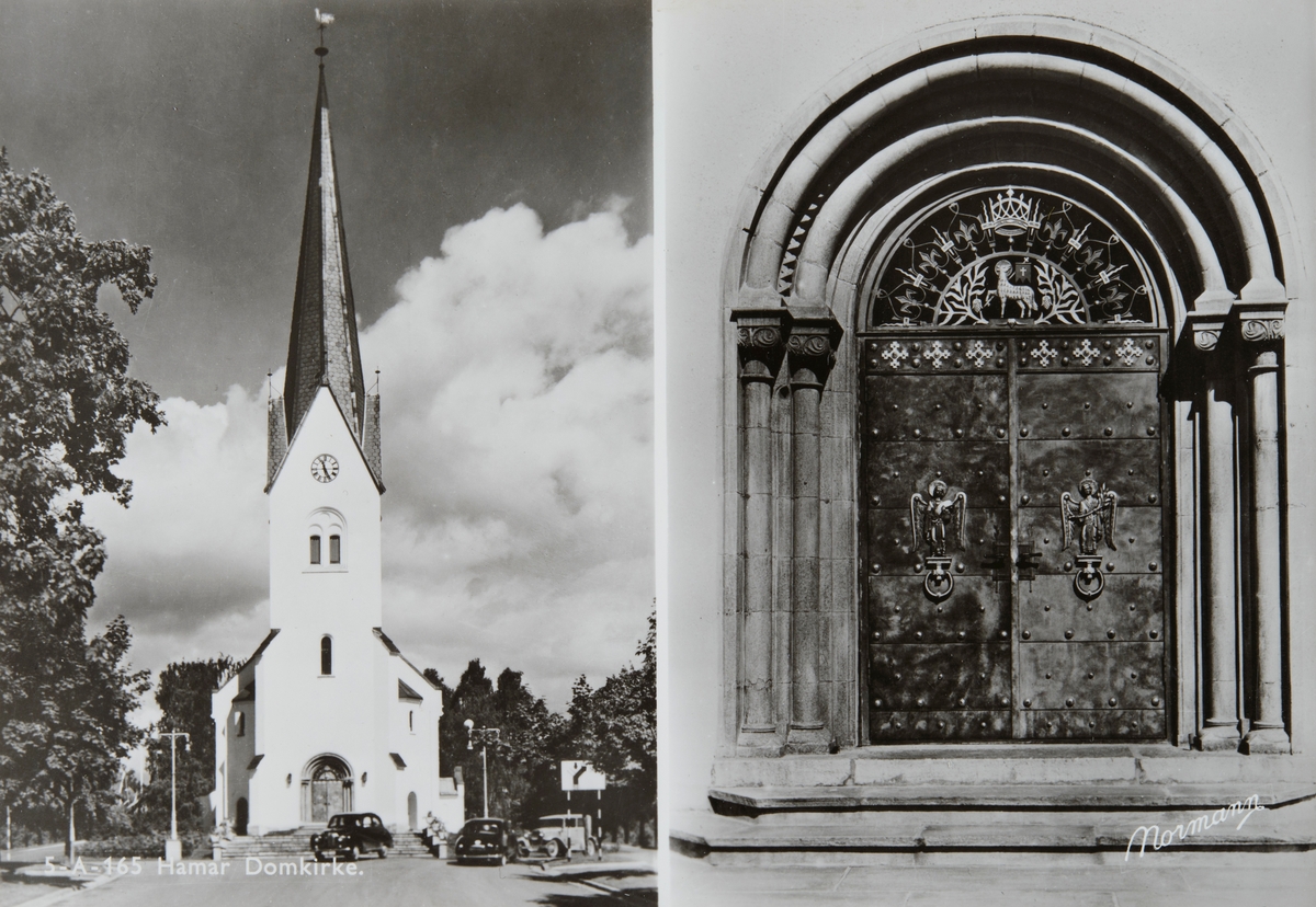 Postkort, Hamar domkirke, eksteriør, hoveddør, kirkedør, 2-delt kort
