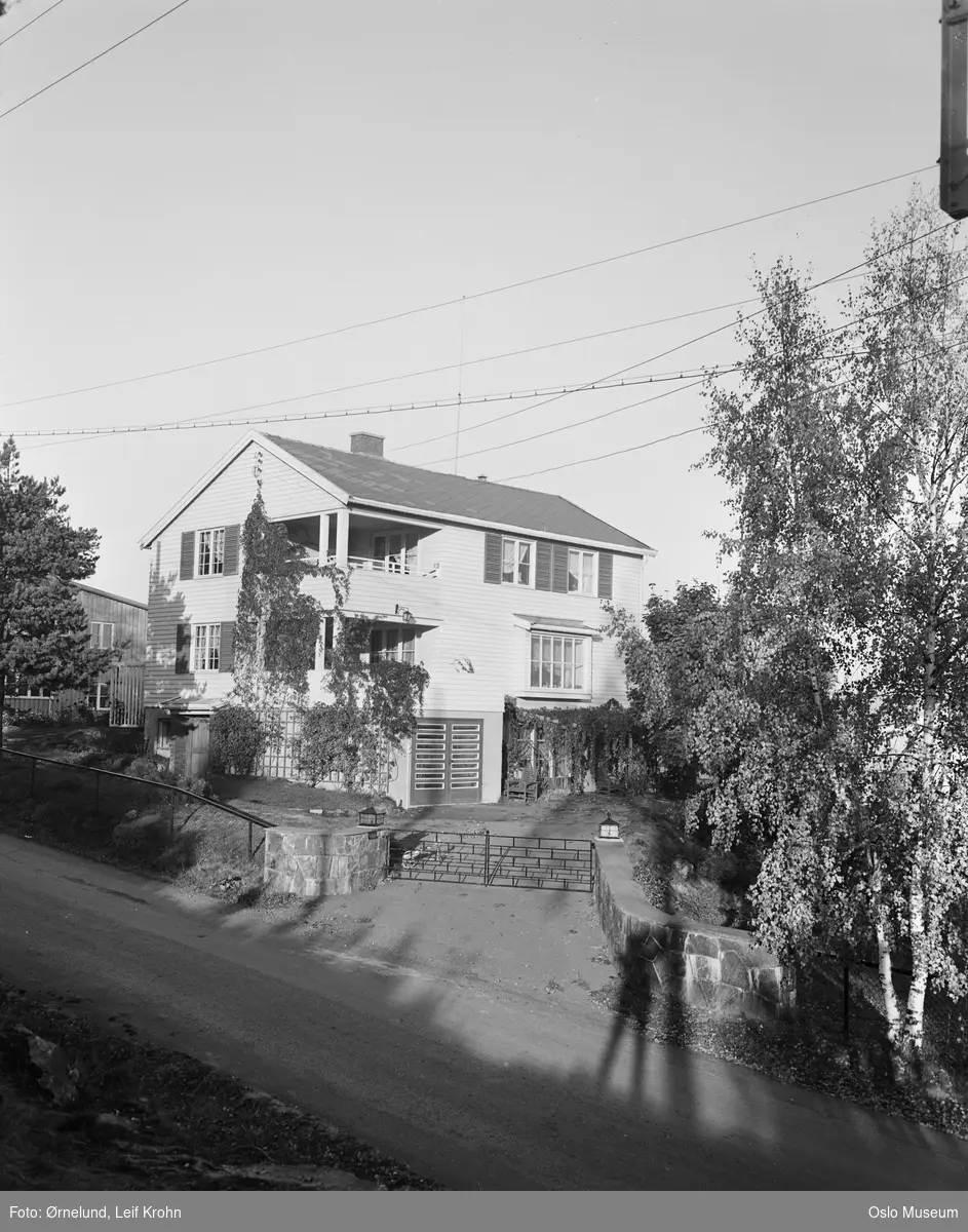 villa, garasje, vei, mur, gjerde, port, hage