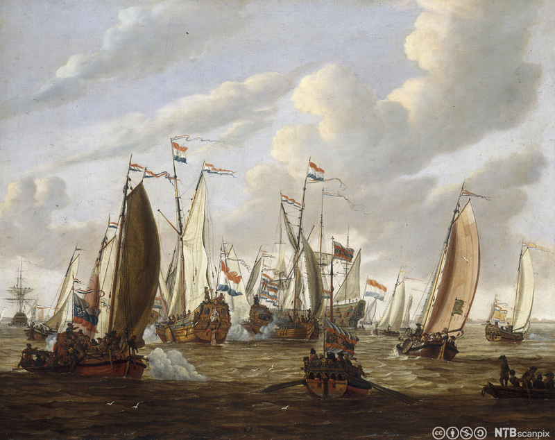 Tittel: Peter den Store blir ønsket velkommen av Det nederlandske Ostindiske kompani. Malt av Abraham Storck 