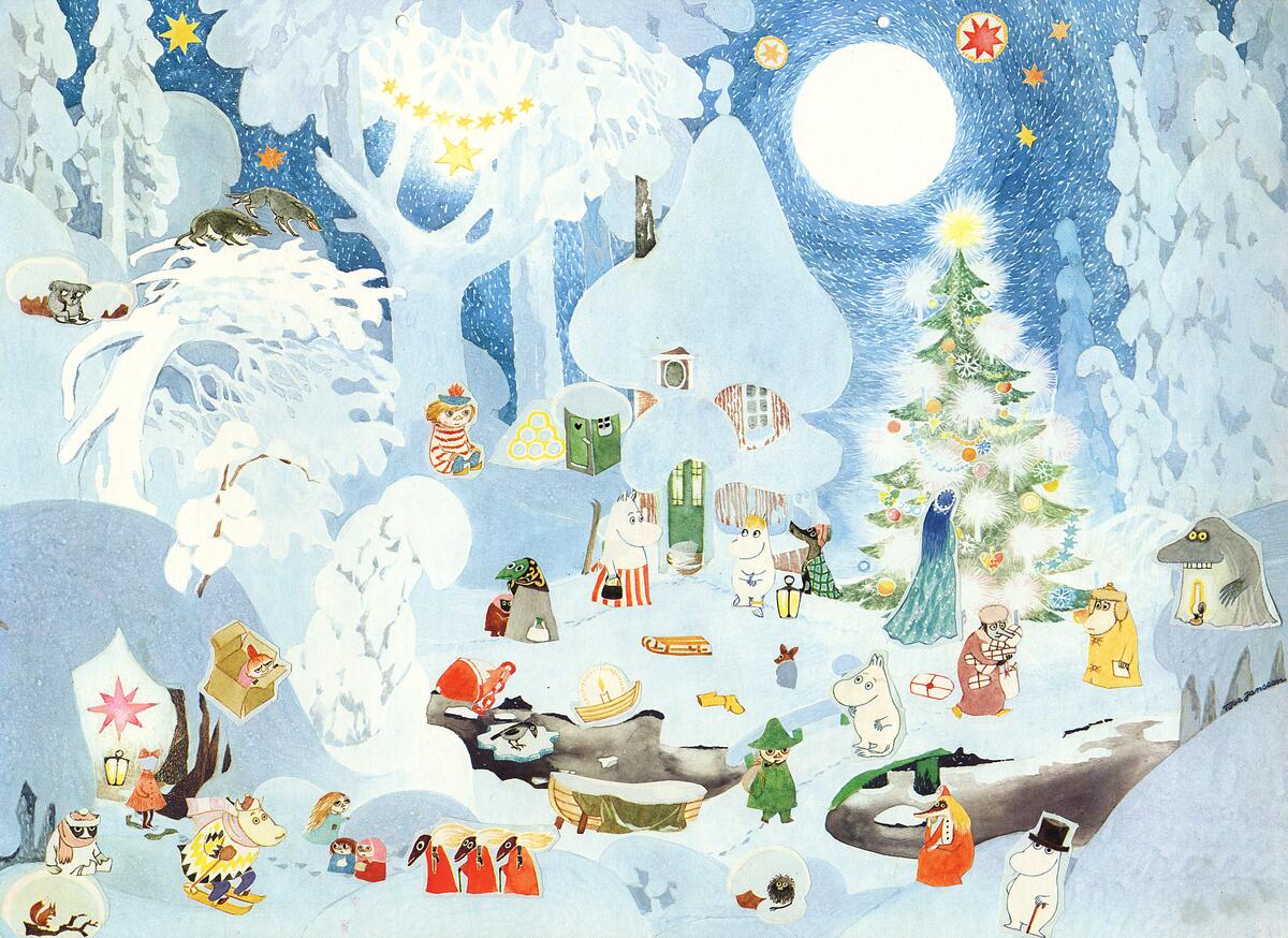 Sveriges Televisions kalender för 1973, "Mumindalen", motiv: Muminhuset i skogen, vintermiljö. Kalendern har inte haft några luckor, i stället har klistermärken avsnitt för avsnitt befolkat miljön.  Kalendern tecknad av Lars Jansson. Kalendern sändes detta år i TV2, en kanal som alla ännu inte kundes se 1973