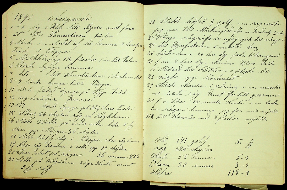 Bondedagbok åren 1889-1894 efter Hemmansägare Sigge Johan Gustaf Eriksson i Översätra, Stora Skedvi socken.