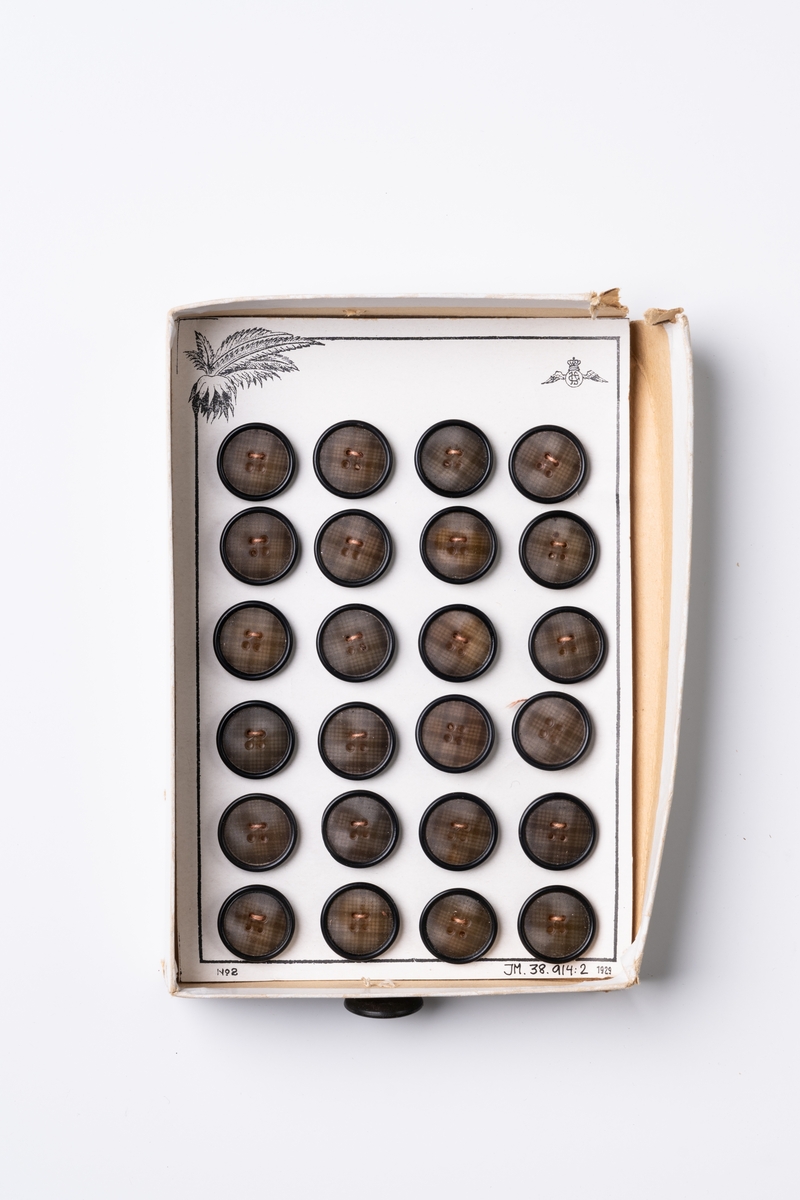Knappkartor, 3 st, förvarade i pappkartong utan lock. På asklådan är en knapp av samma modell som innehållet fäst. Knapparna är av plast, av samma modell med svart-rutigt mönster och storlek. De är fästade på pappark med tryckt beteckning: "No 2" och "1929". Använda, ej kompletta ark. Sammanlagt 68 knappar (inklusive lådknappen), varav fyra är lösa.

JM 38 914:1 Kartong för tre knappkartor. 
JM 38 914:2-4 Knappkartor. Knappmodellen finns även på provkarta JM 38 912:1.