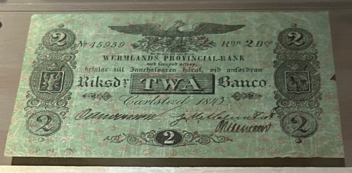Sedel N:r 45959 å 2 riksdaler banko. Wermlands provincialbank, Karlstad.