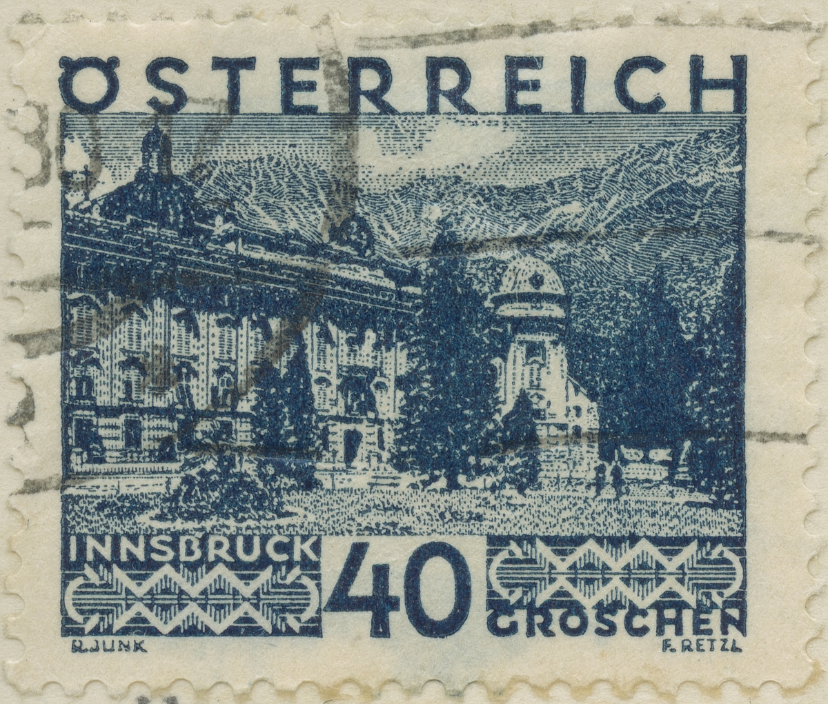 Frimärke ur Gösta Bodmans filatelistiska motivsamling, påbörjad 1950.
Frimärke från Österrike, 1929. Motiv av Slottet Hofburg i Innsbruck