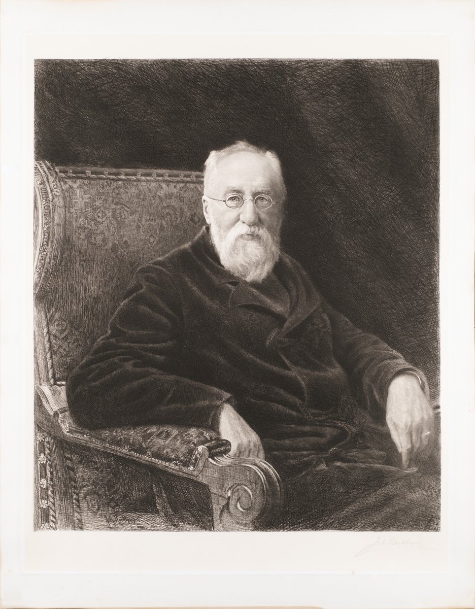 Portrett av en eldre mann sittende i en lenestol.