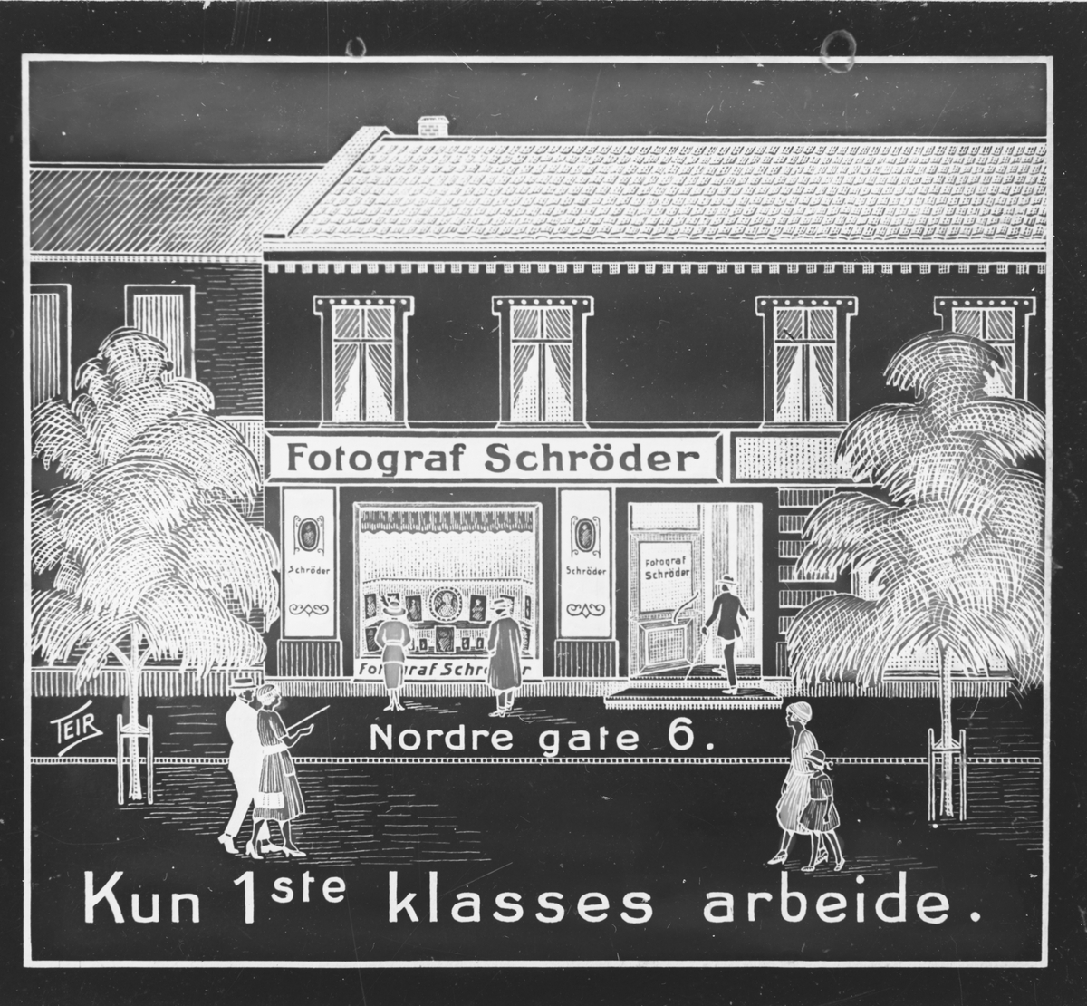 Reklametegning av fasaden til Fotograf Schrøder