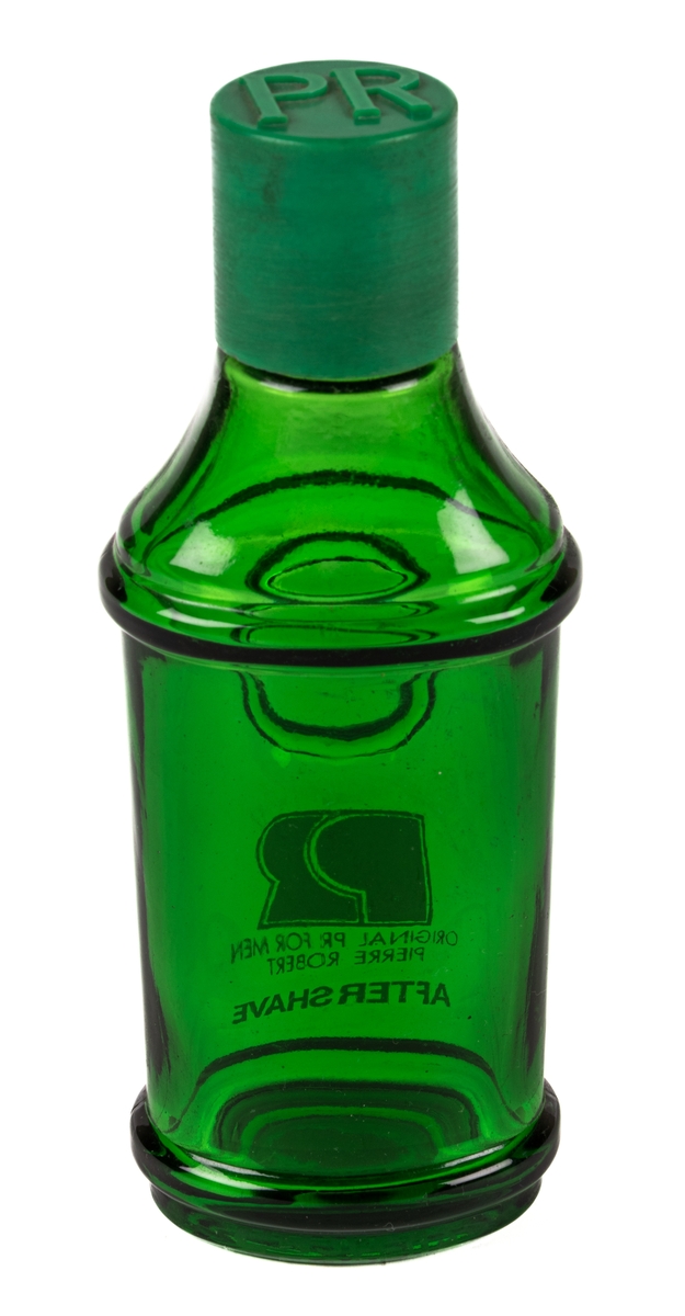 Flaska av grönt glas med skruvlock i grön plast. Flaskan är ovalt rundad med bredare fram och baksida. Längst ned och vid ca 2/3 höjd av flaskan finns en utstående rundad list i glaset runt hela flaskan. Över den övre listen avsmalnar flaskan uppåt. Flaskan avsmalnar något nedåt mellan listerna. PÅ framsidan under den övre listen finns en utbuktning. Under den står i vitt tryck "PR ORIGINAL PR FOR MEN PIERRE ROBERT AFTER SHAVE". Fabrikationstryck i glaset i botten med en otydlig text där endast ordet "SWEDEN" går att urskilja. På locket i stora utstående bokstäver står "PR".