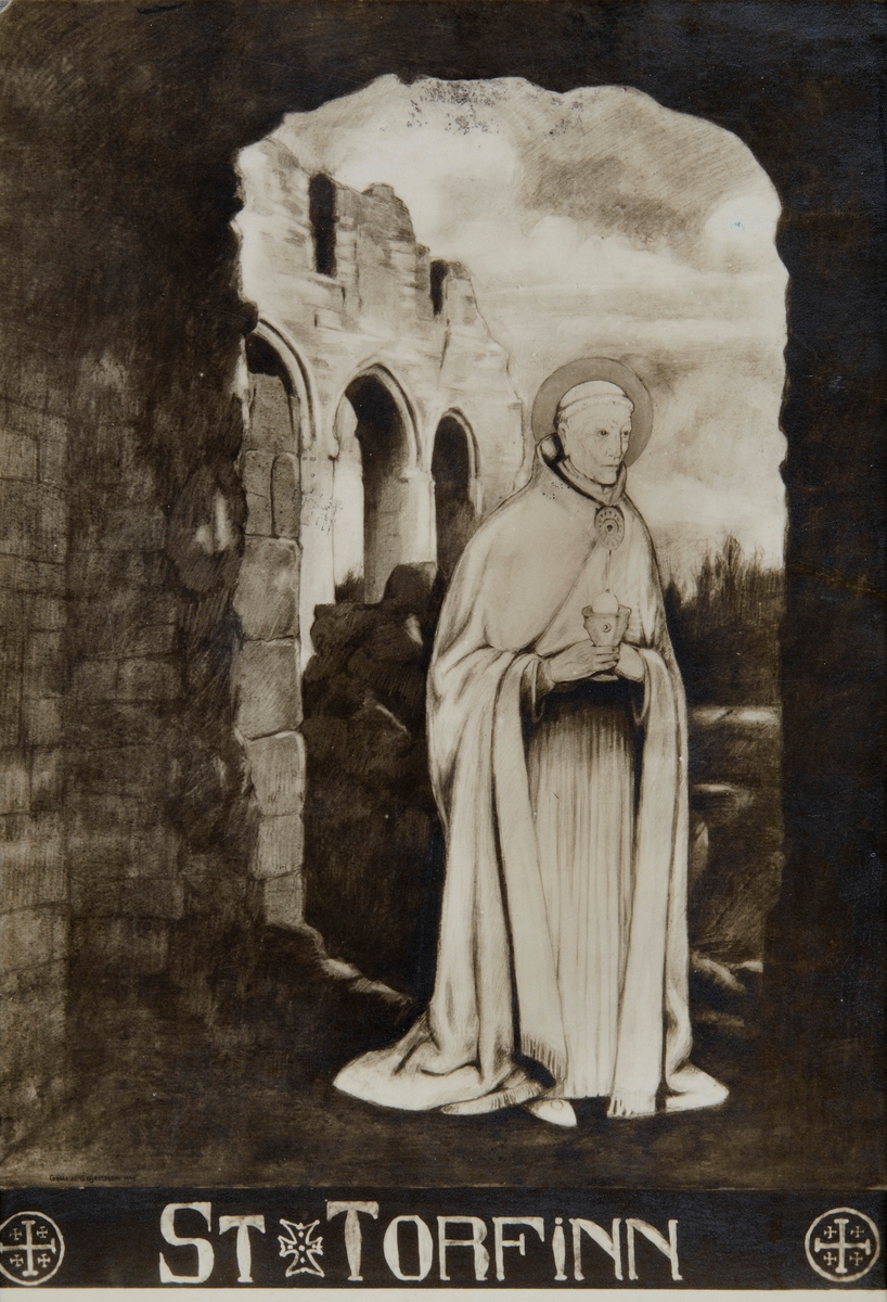 Postkort, Hamar katolske menighet, St. Torfinn kirke, repro av maleri med motiv av biskop Torfinn, biskop på Hamar (død 1285), malt av Gøsta af Geijerstam, Den hellige Torfinn,
