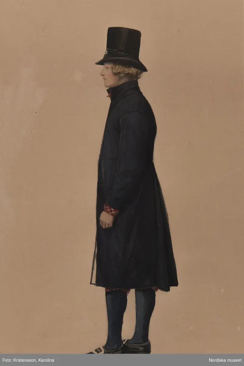 Man med långrock. Akvarell av P. Södermark