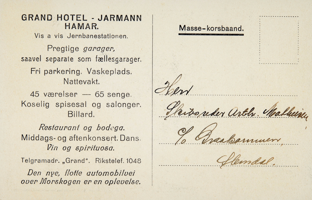 Postkort, Hamar, reklamekort fra Grand Hotell ved hotelldirektør Jarmann, "Reis til Mjøsegnene med landets vakreste Automobilveier", "Den nye, flotte automilvei over Morskogen er en opplevelse",