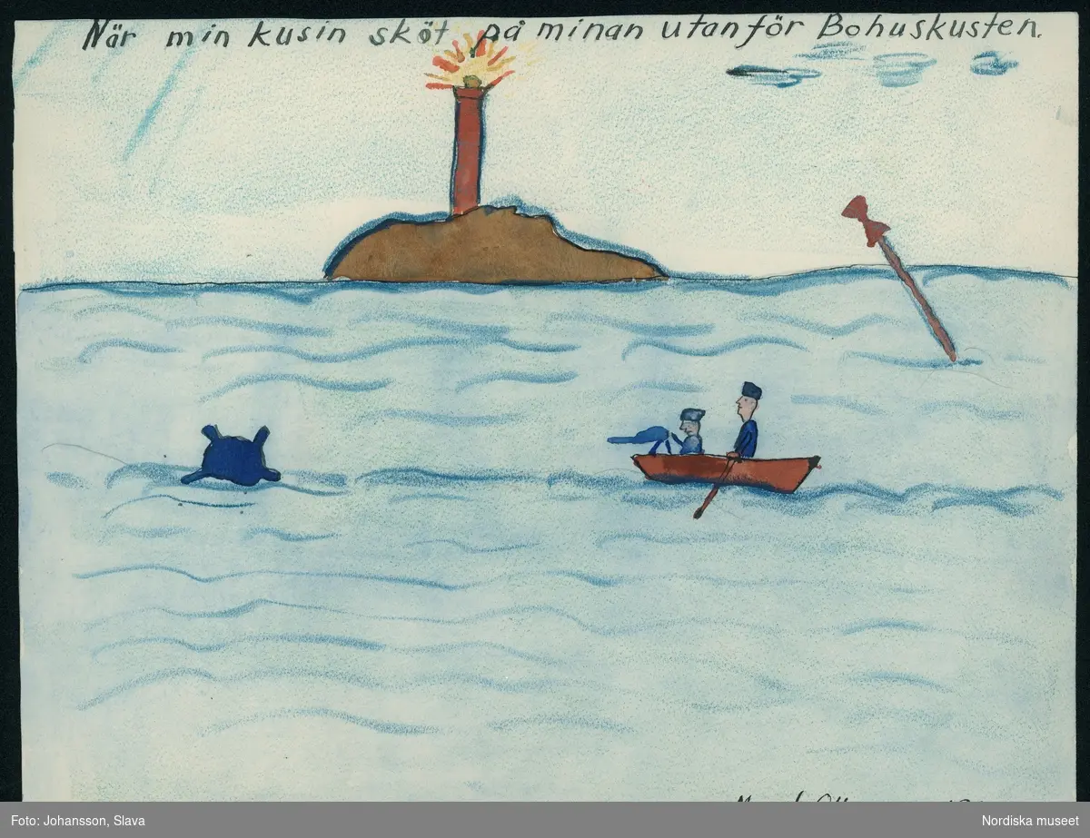 Teckning utförd av Margit Ottosson 13 år. "När min kusin sköt på minan utanför Bohuskusten"
Teckningen ingick i Folket i Bilds årliga pristävling 1943. Temat detta år var "Svenskarna i allvarstider".