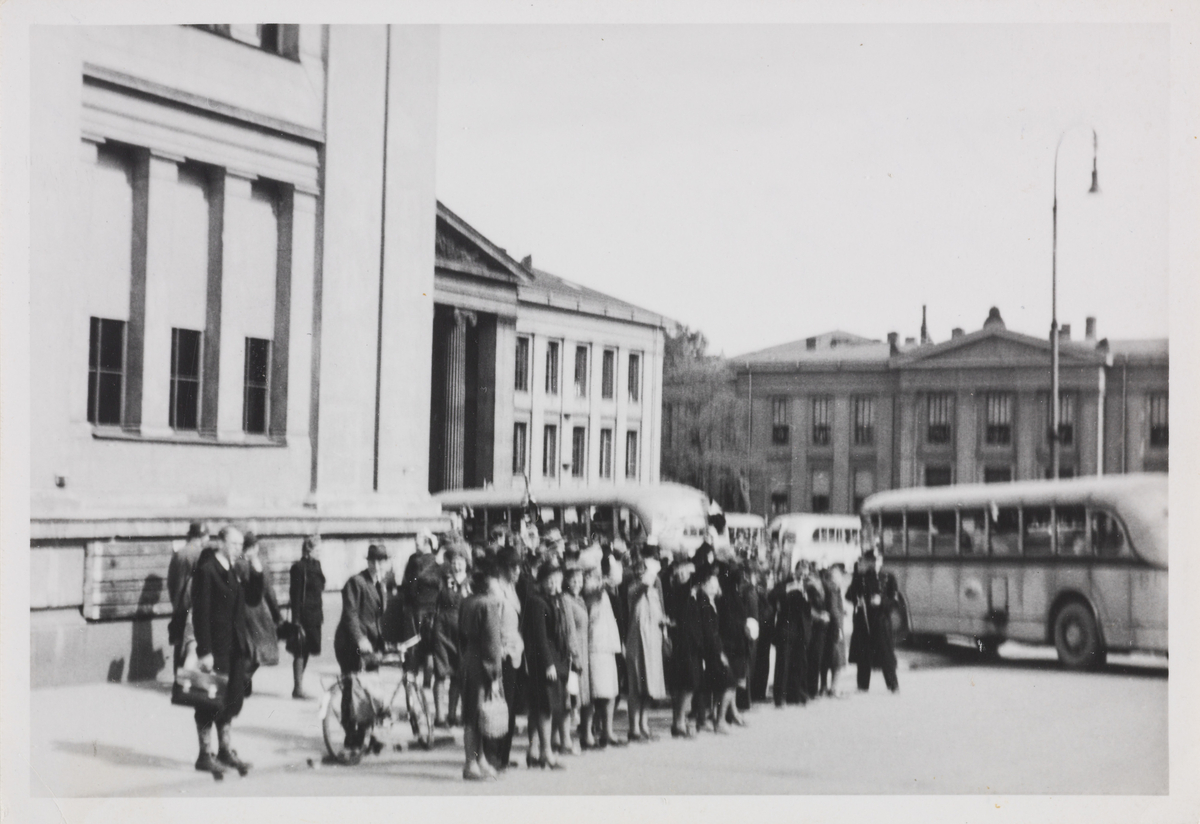 Folk samlet utenfor Universitetet i Oslo, Karl Johans gate. Bussene i bildet er trolig kommet fra Grini med frigjorte fanger.
