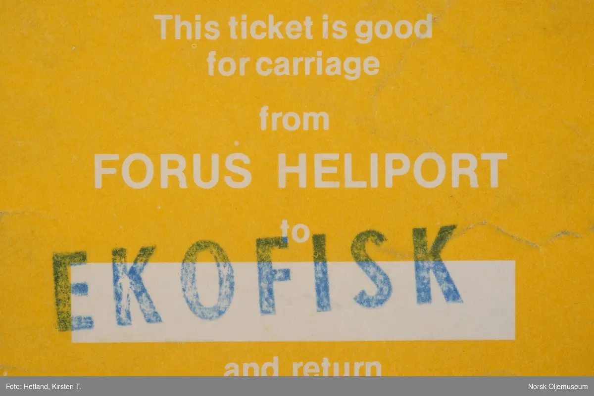 Billett og ombordstigingskort gyldig for transport fra Forus Heliport ut til Ekofisk og tilbake. Billetten var og gyldig for transport mellom plattformene i Nordsjøen.
