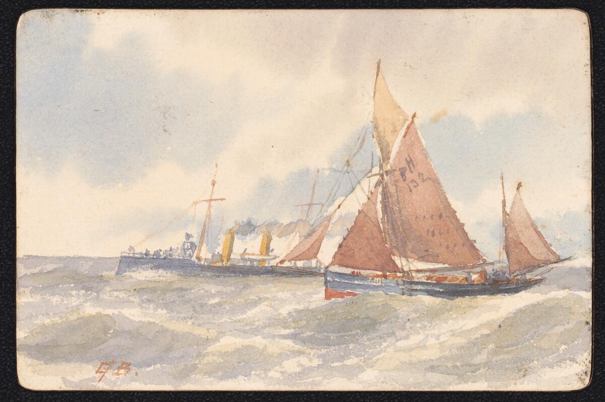 Fem små akvareller där baksidan på alla utan en använts som menyer. Akvarellerna visar olika båtar och fartyg som man mött under långresan.