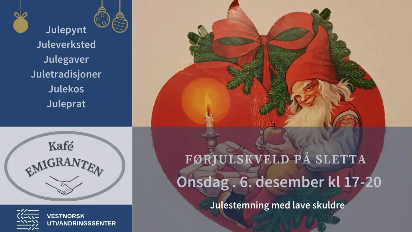 Plakat, Papphjerte med gammel fjøsnisse, lysestake og julegaver