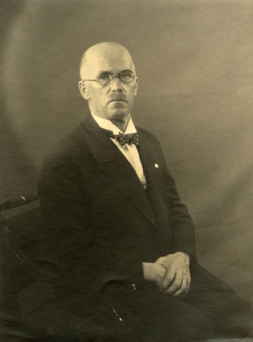 Portrett av Anders Beer Wilse tatt på slottet 20. mai 1927. Han sitter på en stol og har hendene samlet i fanget.