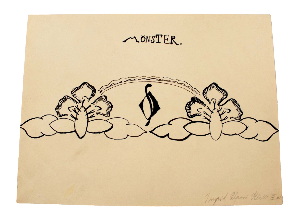 Pappersblad för frihandsteckning. Förvaras i hemmagjord pärm av papp och stängs med knutna, svarta bomullsband. Fram- och baksidan målad med blom- och rutdekor, samt namnet "INGRID OLSSON".

I häftet, ett antal teckningar som Ingrid Olsson gjorde omkring år 1928.