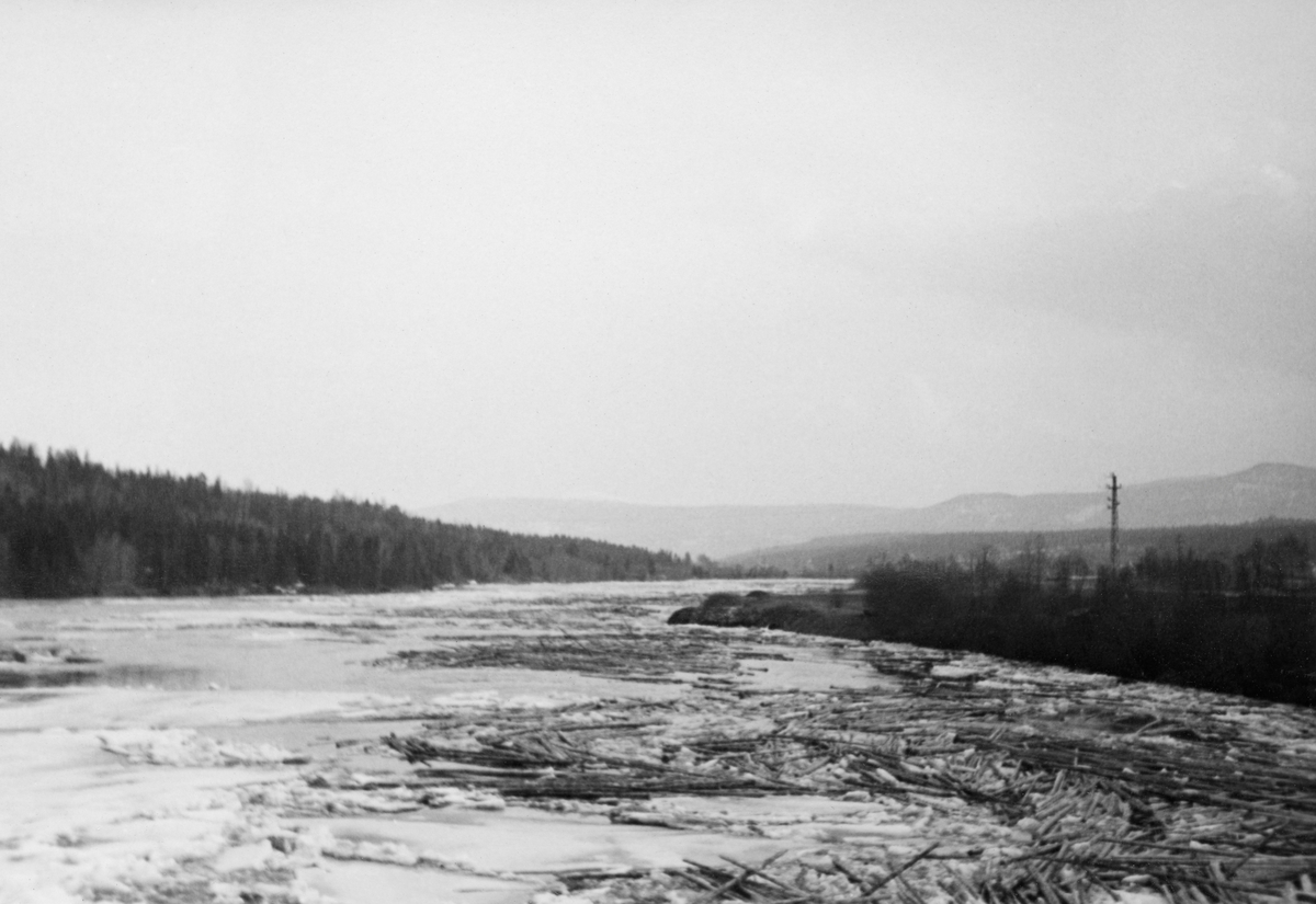 Isgangsflom i Glomma, aantakelig i nærheten av kommunesenteret i Åmot, Rena. Fotografiet ble tatt i 1934. Bildet viser et bredt, stilleflytende elveløp som som var fylt av is og tømmer. Dette var naturligvis en påkjenning på fløtingsvirket. I 1934 gjorde isgangen i denne regionen betydelig skade i sidevassdragene. Den 21. april 1934 beskrev regionavisa Østlendingen isgangens konsekvenser i Åmot slik: «I Hovda på grensen mellem Åmot og Stor-Elvdal gikk det en større isgang igår ved middagstider. Store mengder av is og tømmer flommet over både veibrua og jernbanebrua. På veibrua blev rekkverket på den ene side revet vekk, men man fikk nokså raskt gjort brua farbar igjen. Jernbanebrua blev fylt med is og tømmer og toget blev endel forsinket innen man fikk ryddiggjort den igjen. Noen alvorlig skade blev det heldigvis ikke.» Men Glomma i Østerdalen ble rammet av nok en isgang i 1934. I en av ukerapportene fra Glomma fellesfløtingsforening heter det at «… Forårsaket ved det varme vær, gikk det den 29. april en voldsom isgang fra Bellingmo nedover til Westgård i Stor-Elvdal, hvorfra den noen dager efter fortsatte og løste sig op.» Det er grunn til å anta at dette fotografiet er tatt da restene av denne siste isgangen nådde Åmot.